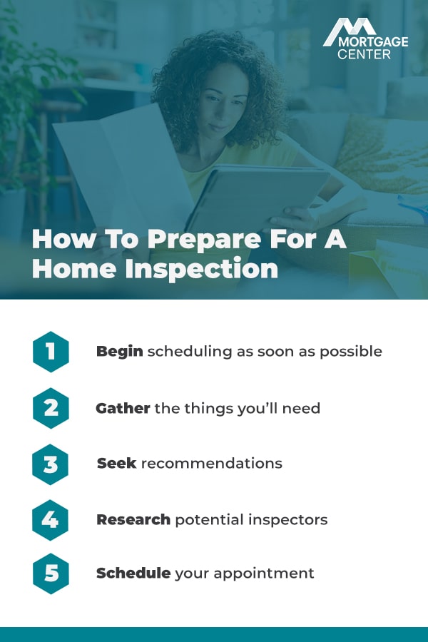 Mortgage Center - How To Prepare For A Home Inspection - 1. Begin scheduling as soon as possible 2. Gather the things you'll need 3. Seek recommendations 4. Research potential inspectors 5. Schedule your appointment